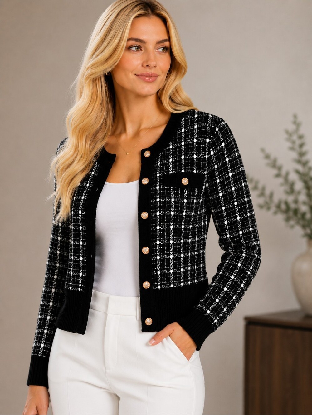 Black and White Plaid Button Front Cardigan
